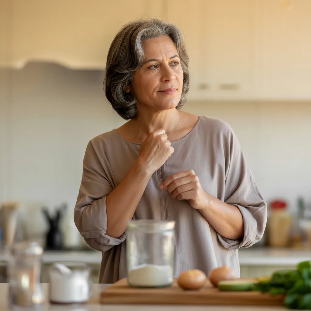 Pessoa na cozinha com dúvida sobre o que cozinhar